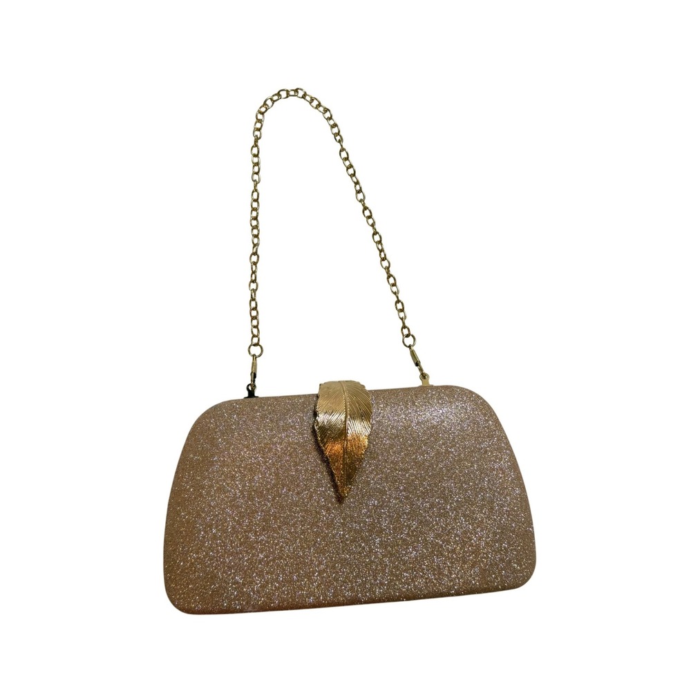 Rose Gold Glitter Evening Clutch Bag Leaf Clasp Gold Chain Strap Prom Wedding